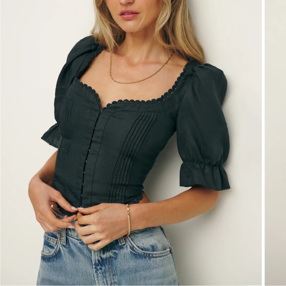 Reformation Simmie Linen Top Black - Size 12 - Picture 3 of 7